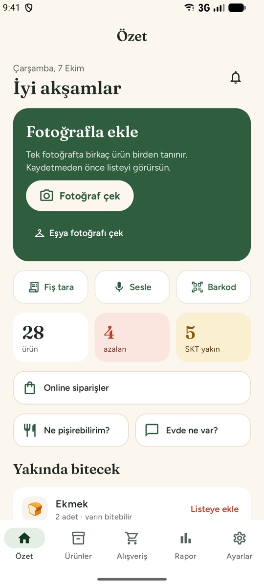 Neyim Kaldı home screen with item counts and quick actions